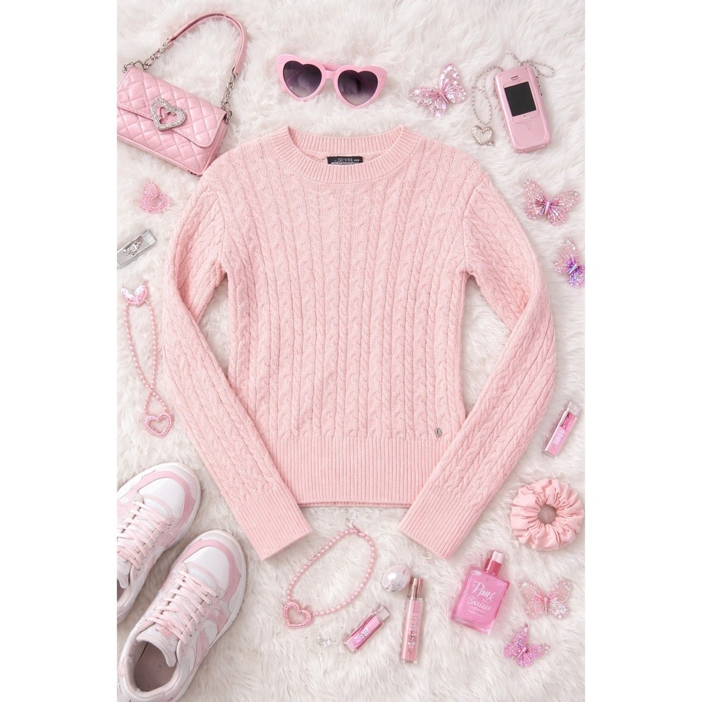 Y2K Guess Cable Knit Sweater Wms S Pink Cotton Modal Pullover Coquette Style